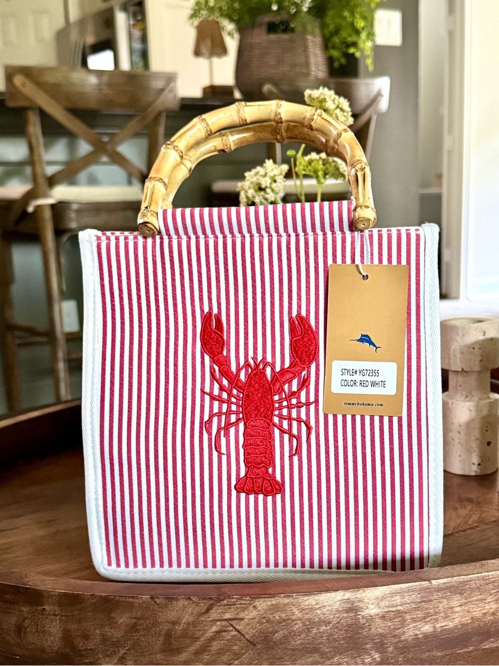 NWT Tommy Bahama Striped Canvas Tote Nautical with Lobster Accent